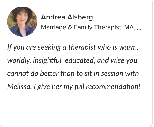 Profile picture of Andrea Alsberg, a marriage and family therapist and an endorsement of Melissa W Cooper as an excellent therapist.