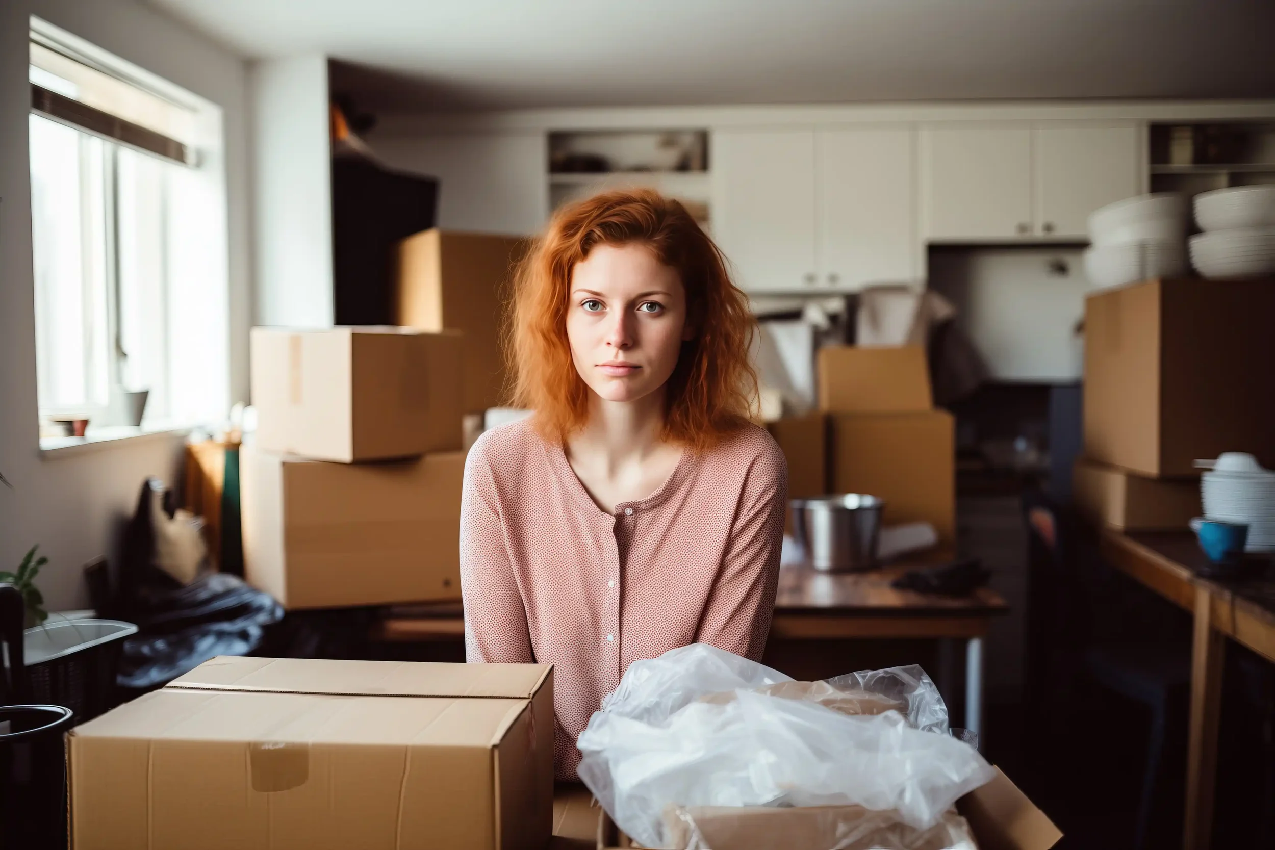 A young woman with red hair anxiously sitting at a cluttered table in a kitchen, surrounded by cardboard boxes, looking overwhelmed.