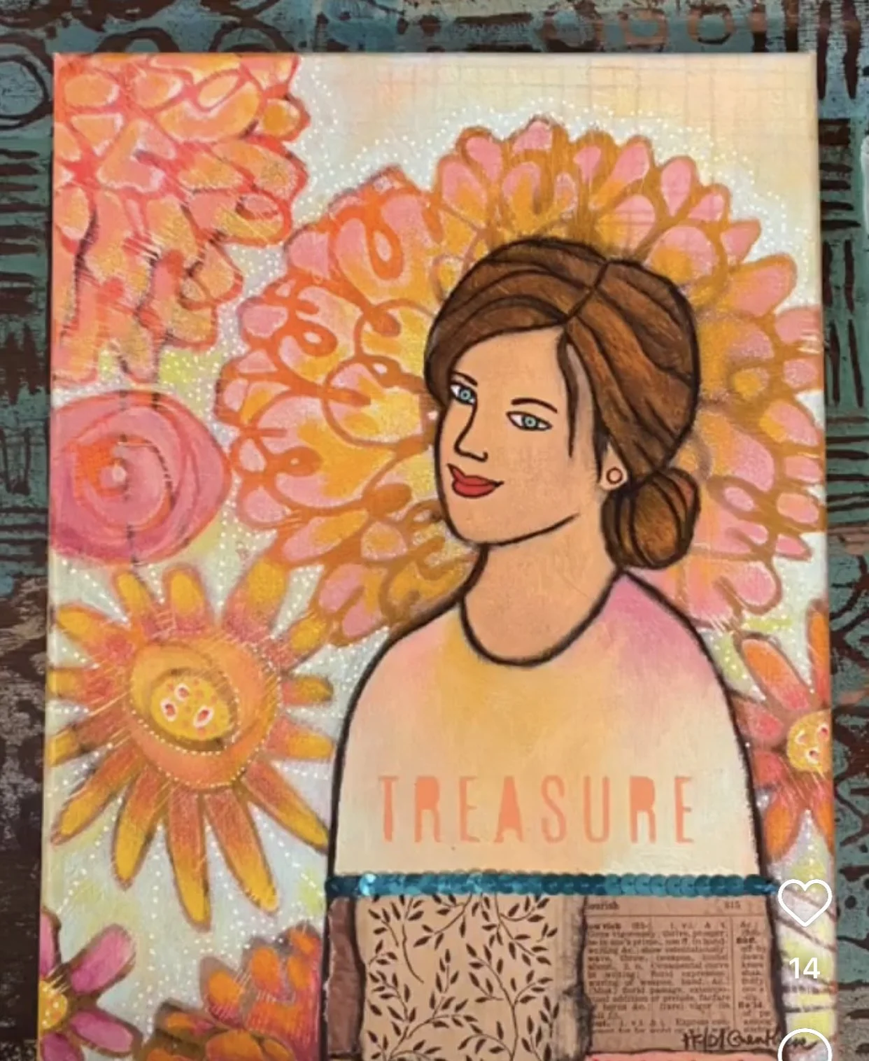 Colorful painting of a woman with brown hair, blue eyes, and red lipstick, surrounded by orange and pink abstract floral patterns, with the word 'TREASURE' written below her in orange letters.
