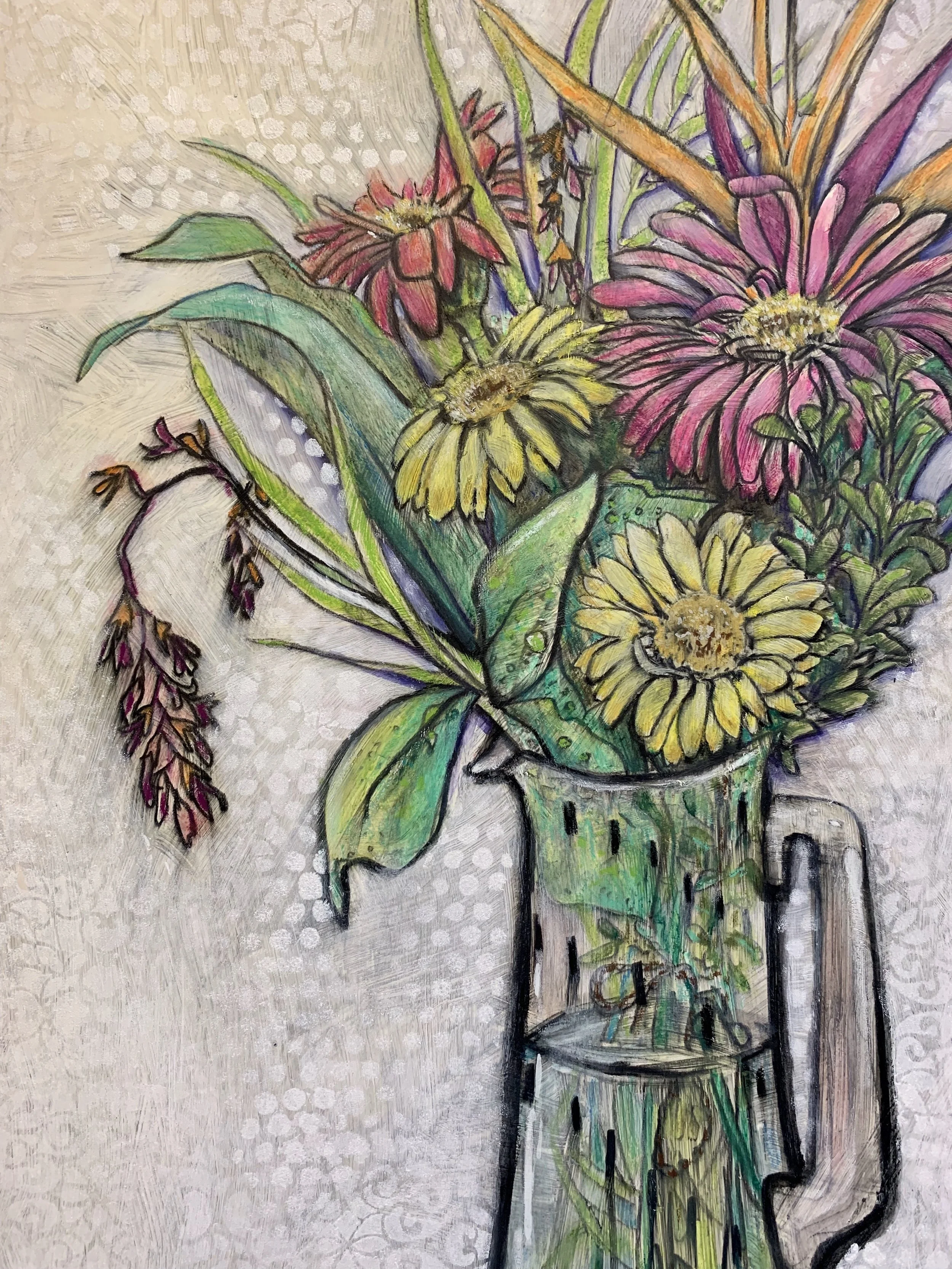 A colorful mixed media painting of a bouquet of flowers in a glass pitcher, featuring yellow, pink, and red flowers with green leaves.