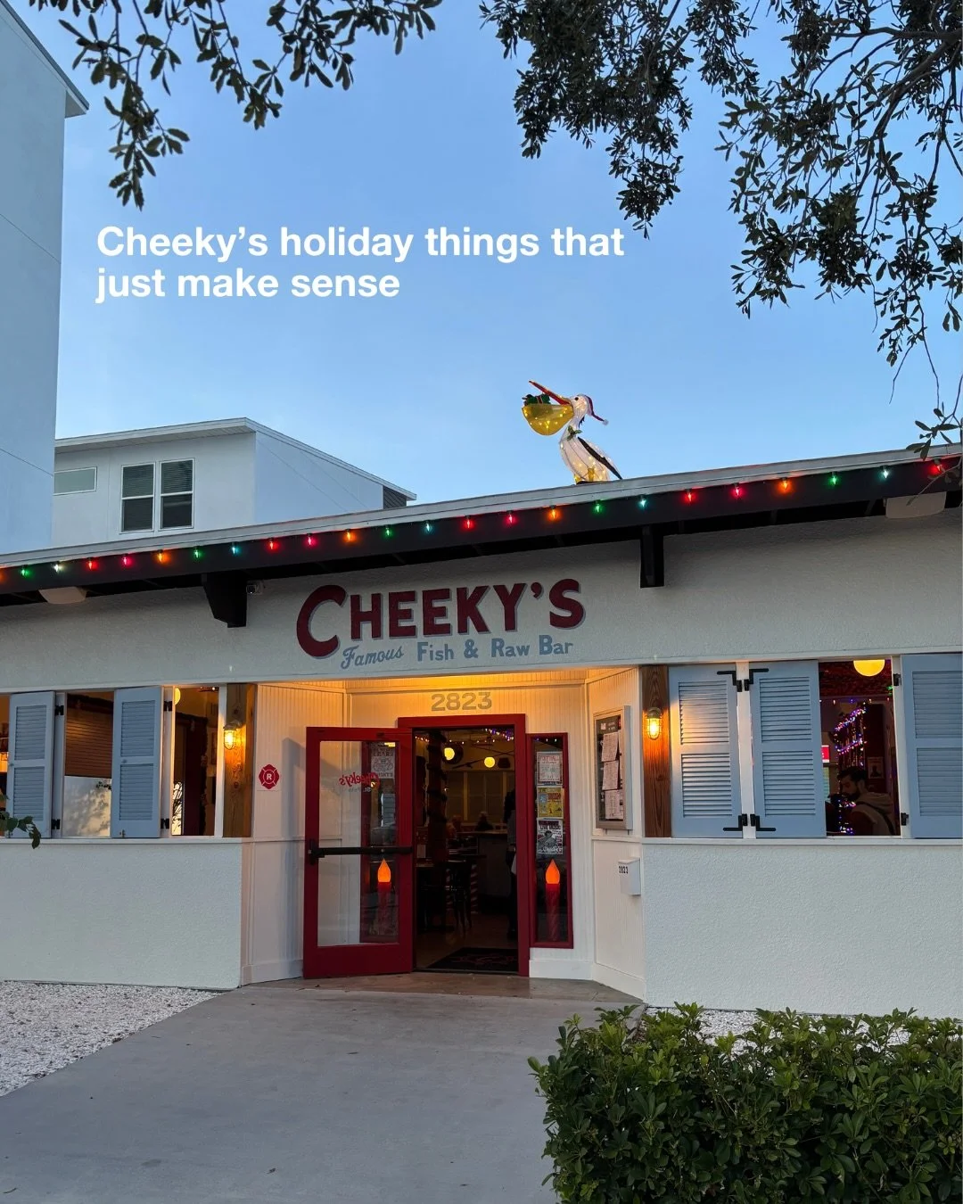 Cheeky&rsquo;s holiday things that simply make sense: 

A pelican on the root, Santa&rsquo;s on vacation, vintage Rudolph, candy-cane everything and lights absolutely everywhere. 

&lsquo;Tis the season at Cheeky&rsquo;s 🎄

Come by for a dozen 🦪 an