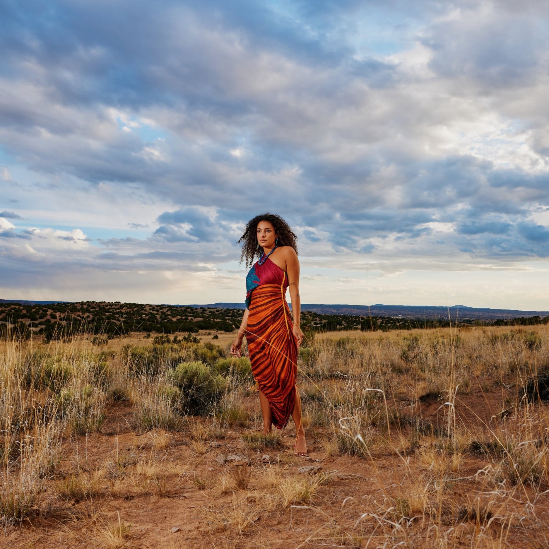 A woman with curly hair standing in a grassy field under a cloudy sky, wearing a colorful dress and jewelry.
