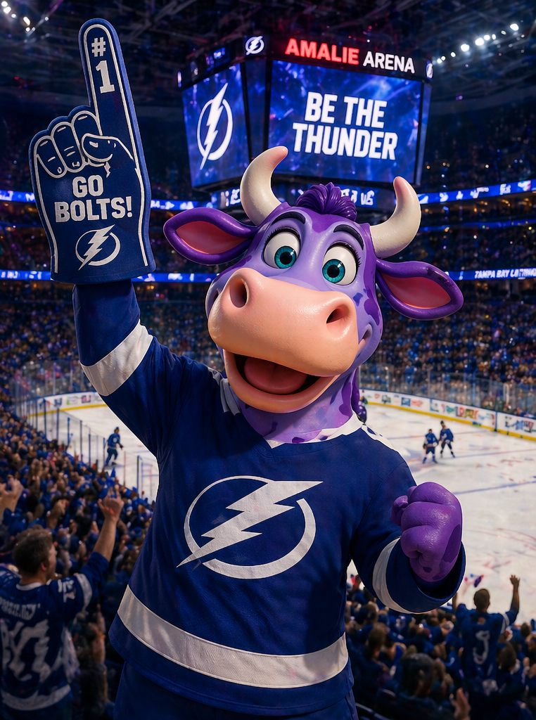 Purple Cow mascot cheering on the Tampa Bay Lightning at a home hockey game
