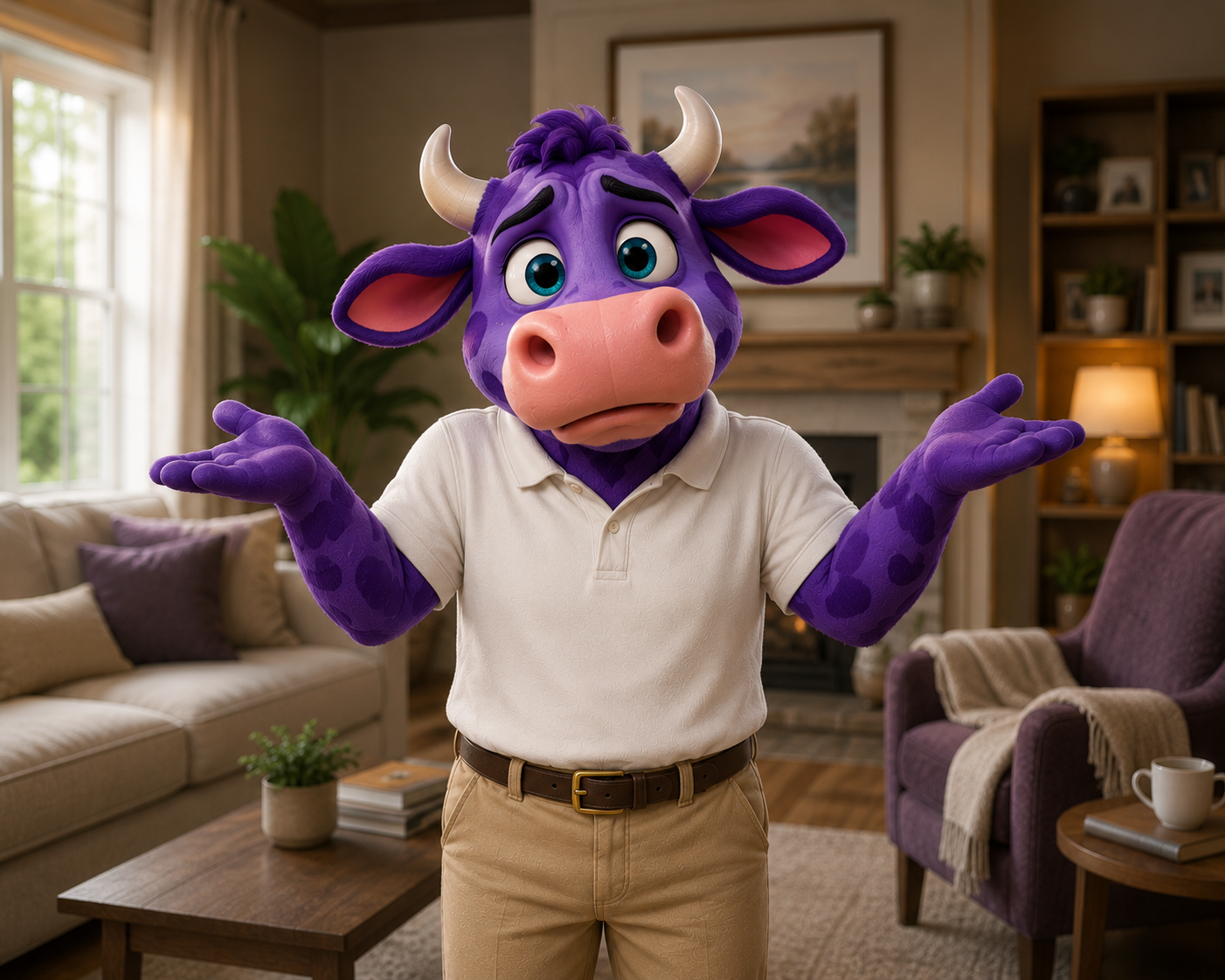 A person dressed in a purple cow mascot costume with a pink snout, white horns, and big blue eyes, standing in a cozy living room with beige and purple furniture, a fireplace, bookshelves, and large windows.