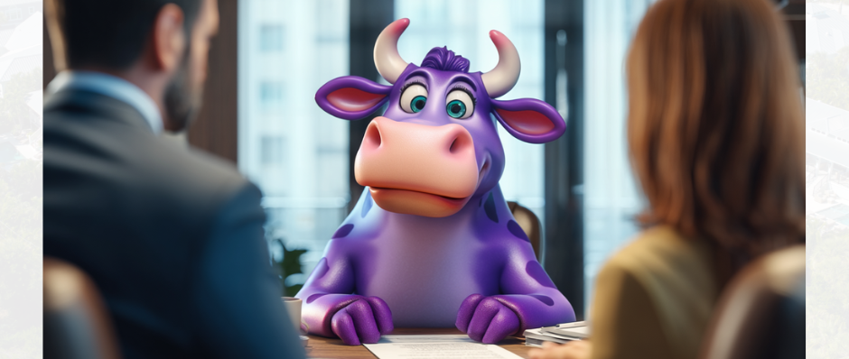 A mascot-type purple cow with horns, sitting at a conference table with two people in business attire in a modern office.