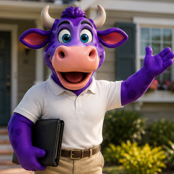 A person in a purple cow mascot costume, wearing a white polo shirt and khaki pants, holding a black tablet, and waving outside a house with a garden.