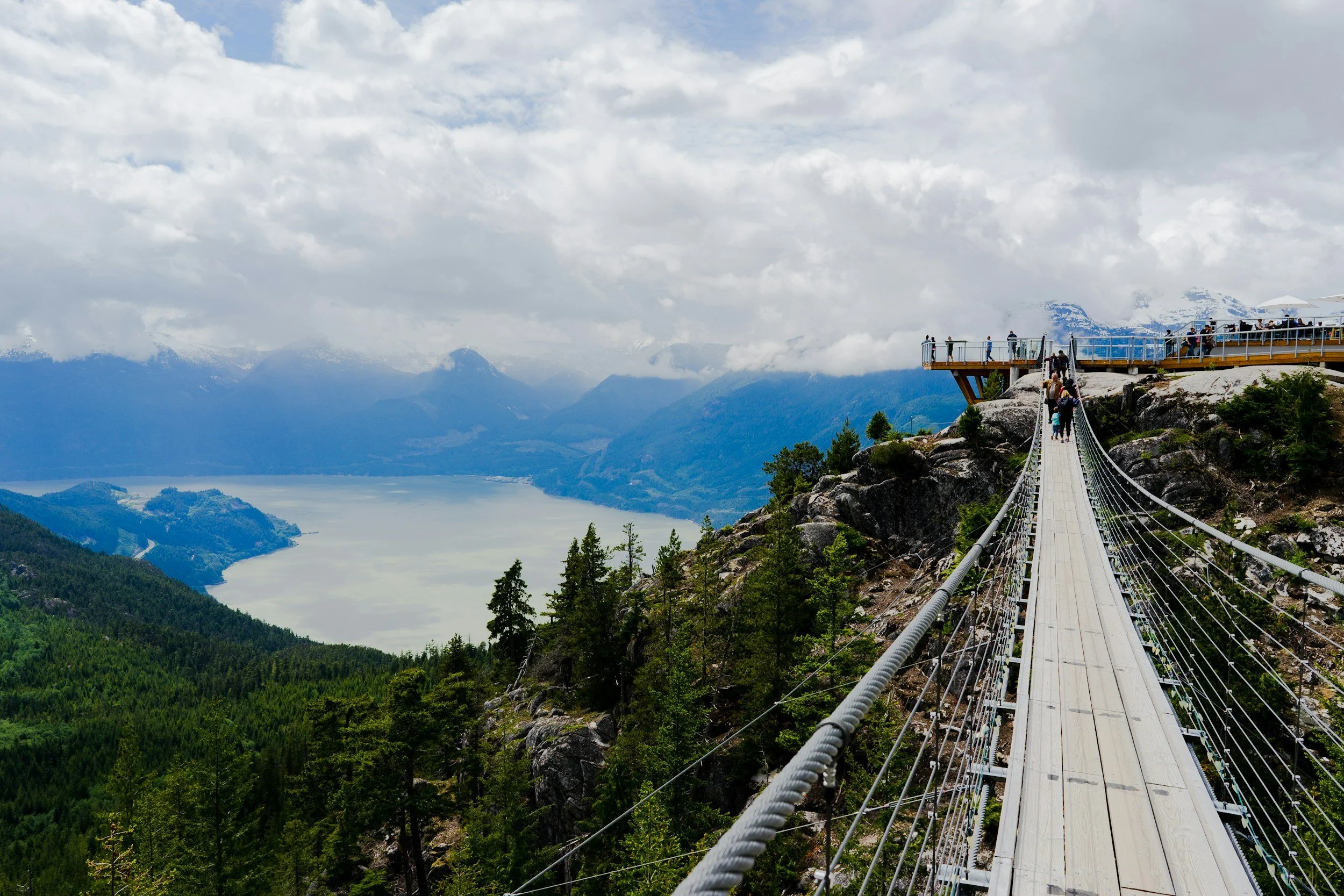 A suspension bridge over a mountainous landscape with a lake below, clouds in the sky, and people walking on the bridge.