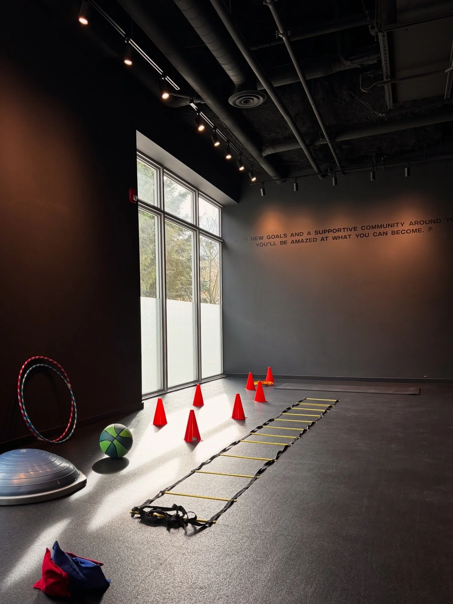 Indoor fitness room with sunlight coming through large windows, exercise equipment including cones, hula hoops, a basketball, a balance pad, agility ladder, and resistance bands, and motivational text on the wall.