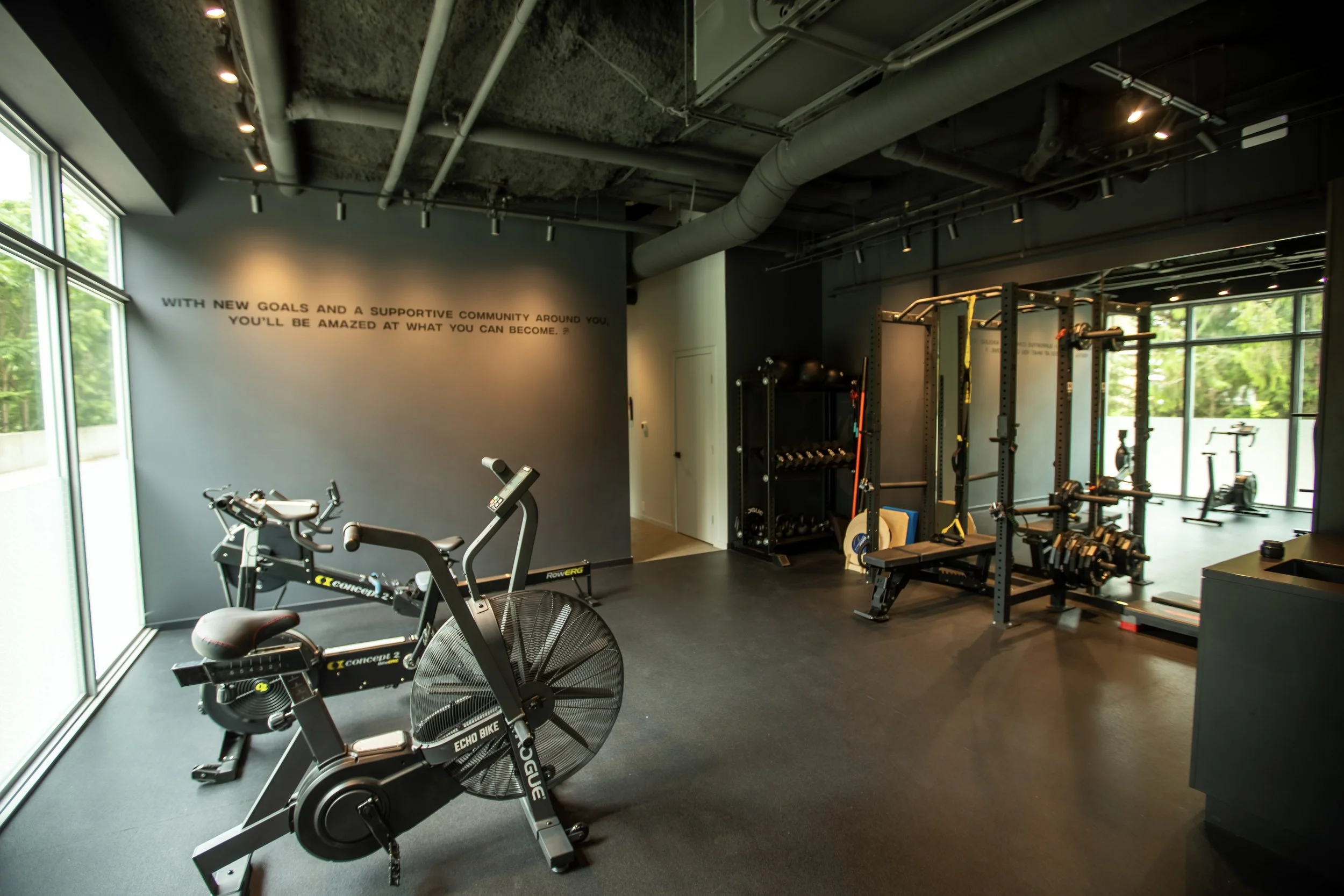 weights and squat rack and bike in black exclusive gym