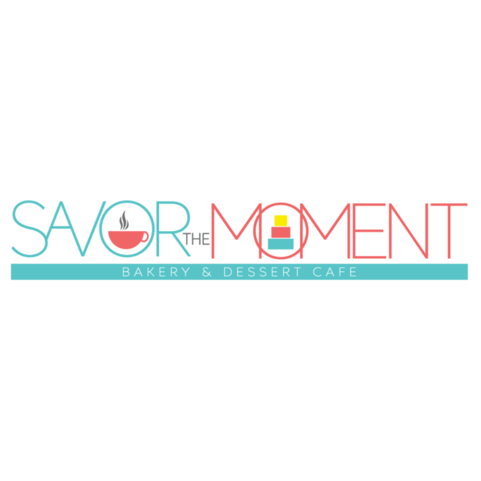 Logo for "Savor the Moment Bakery & Dessert Cafe" with a cake illustration.