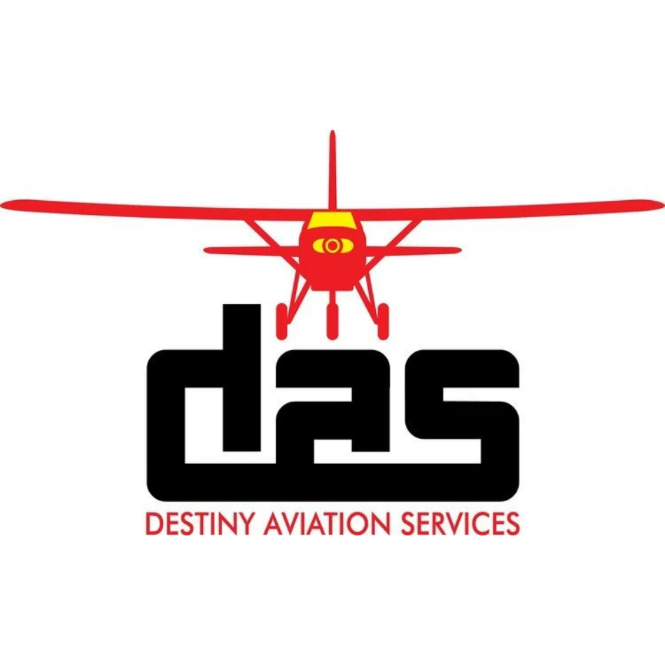 Logo of Destiny Aviation Services featuring a red airplane above the acronym 'das.'