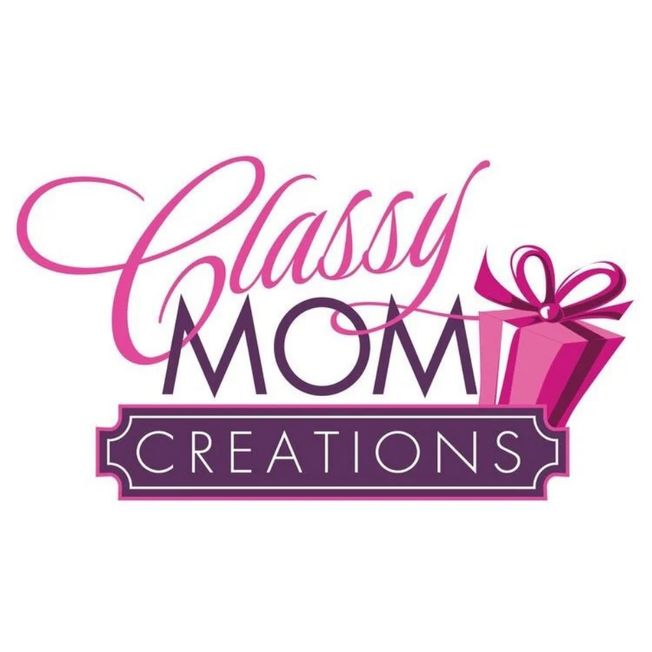 Logo for Classy Mom Creations featuring pink script font and a pink gift box.