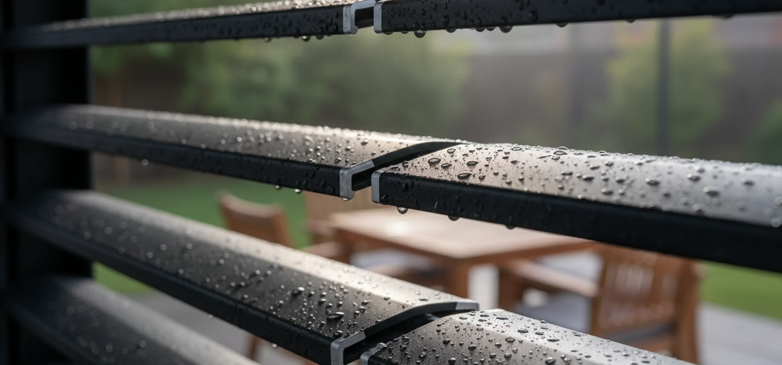 Close-up of closed aluminum louvered roof blades with rain droplets showing weatherproof protection
