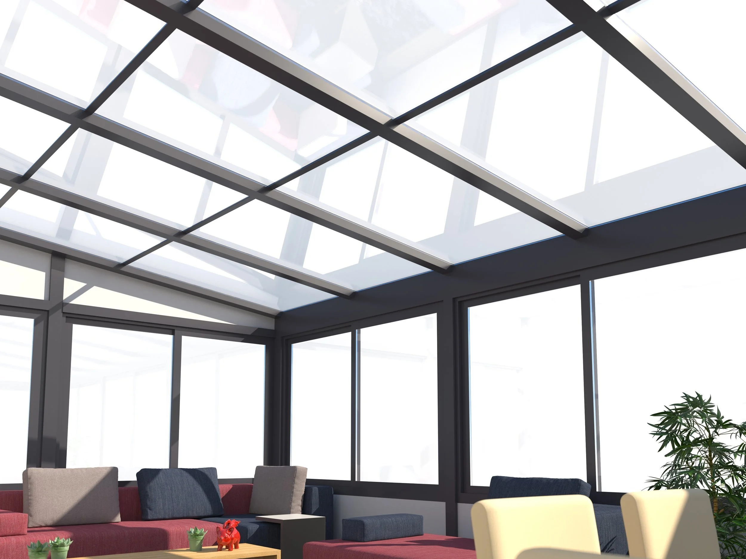 Modern indoor lounge with glass ceiling, large windows, sofa seating, and potted plants.