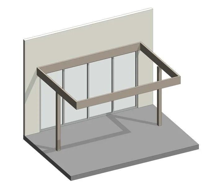3D rendering of a pergola structure attached to a wall with vertical posts and a partial roof frame.