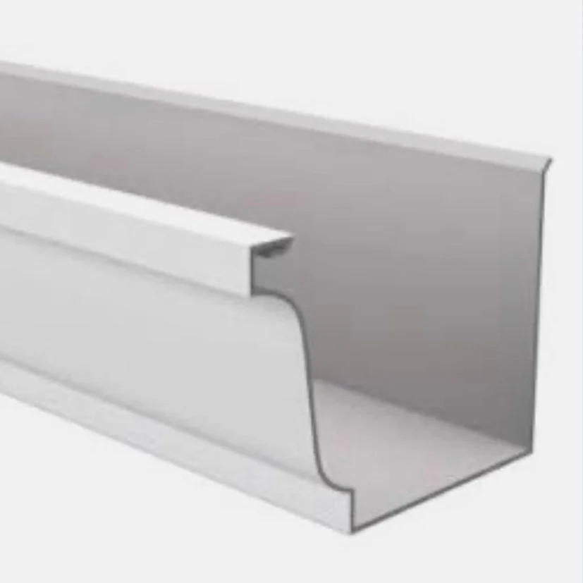Illustration of a white metal rain gutter with a rectangular shape.