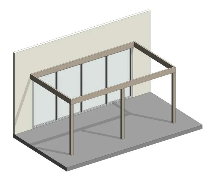 3D rendering of a metal frame structure in front of a wall with large windows.