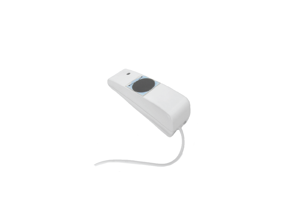 White wired remote control with buttons on a black background