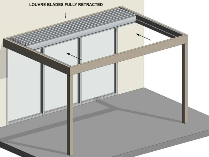 Illustration of a pergola with retractable louvre blades over a patio