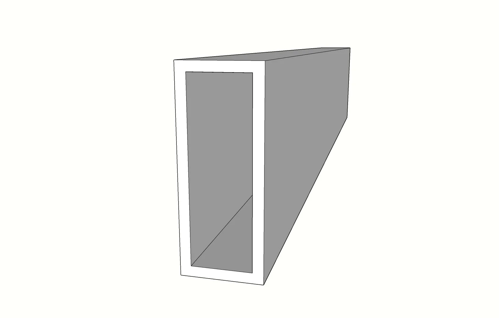 3D rendering of a gray rectangular prism-shaped duct with a hollow interior and a white outline on the edges.
