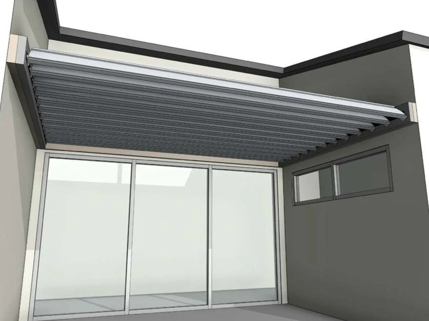 3D rendering of a modern house exterior with a metal patio roof cover and large sliding glass doors.