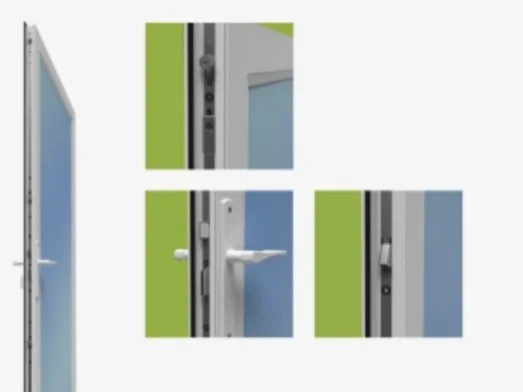 Illustration of a door with close-ups of handle and hinge mechanism.
