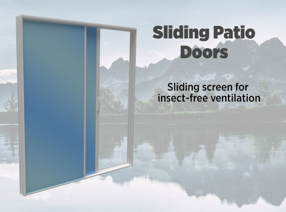 Sliding patio doors with a blue glass panel and sliding screen, set in front of a mountainous lake backdrop with text about insect-free ventilation.
