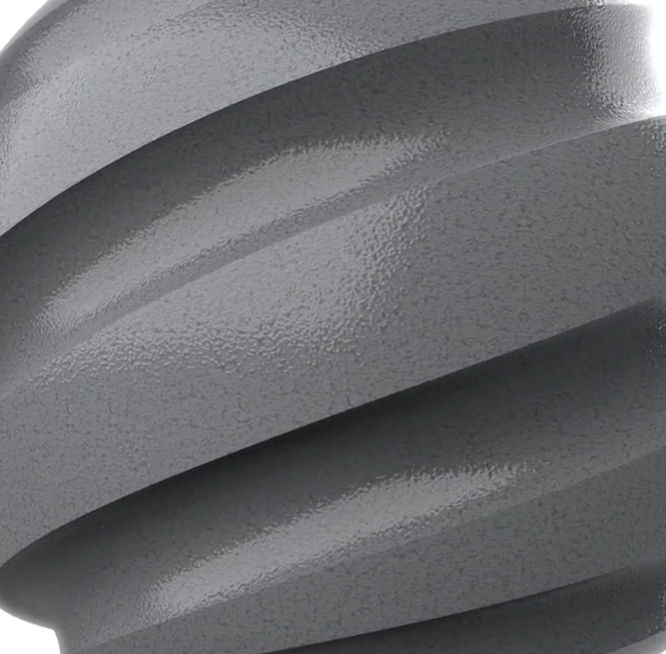 Close-up of a grey metallic screw with textured spiral threads.
