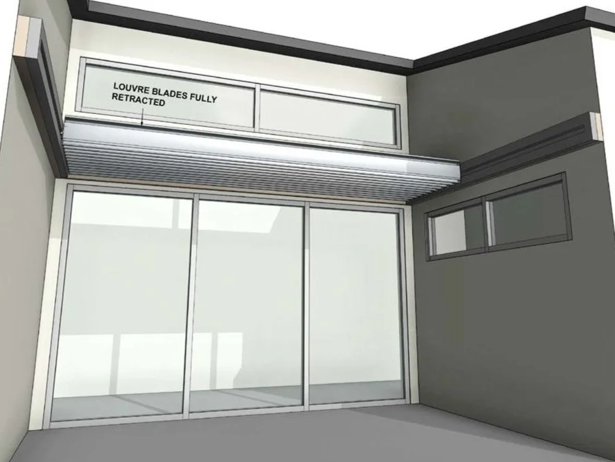3D rendering of modern building exterior with retracted louvre blades, large sliding glass doors, and a small horizontal window.