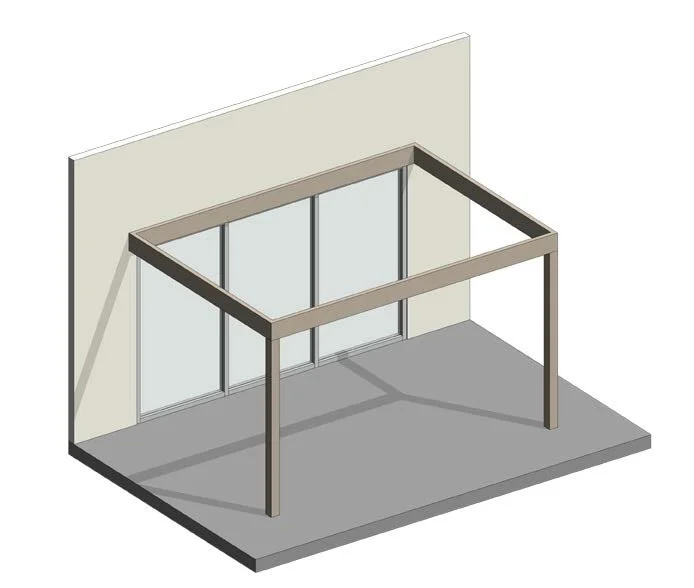 3D rendering of a metal frame structure with two support posts in front of glass doors against a wall.