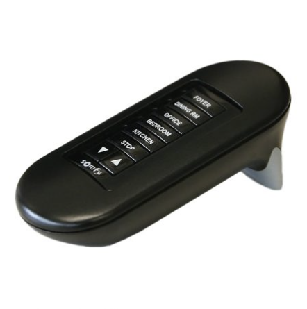 Black remote control labeled with room names and buttons