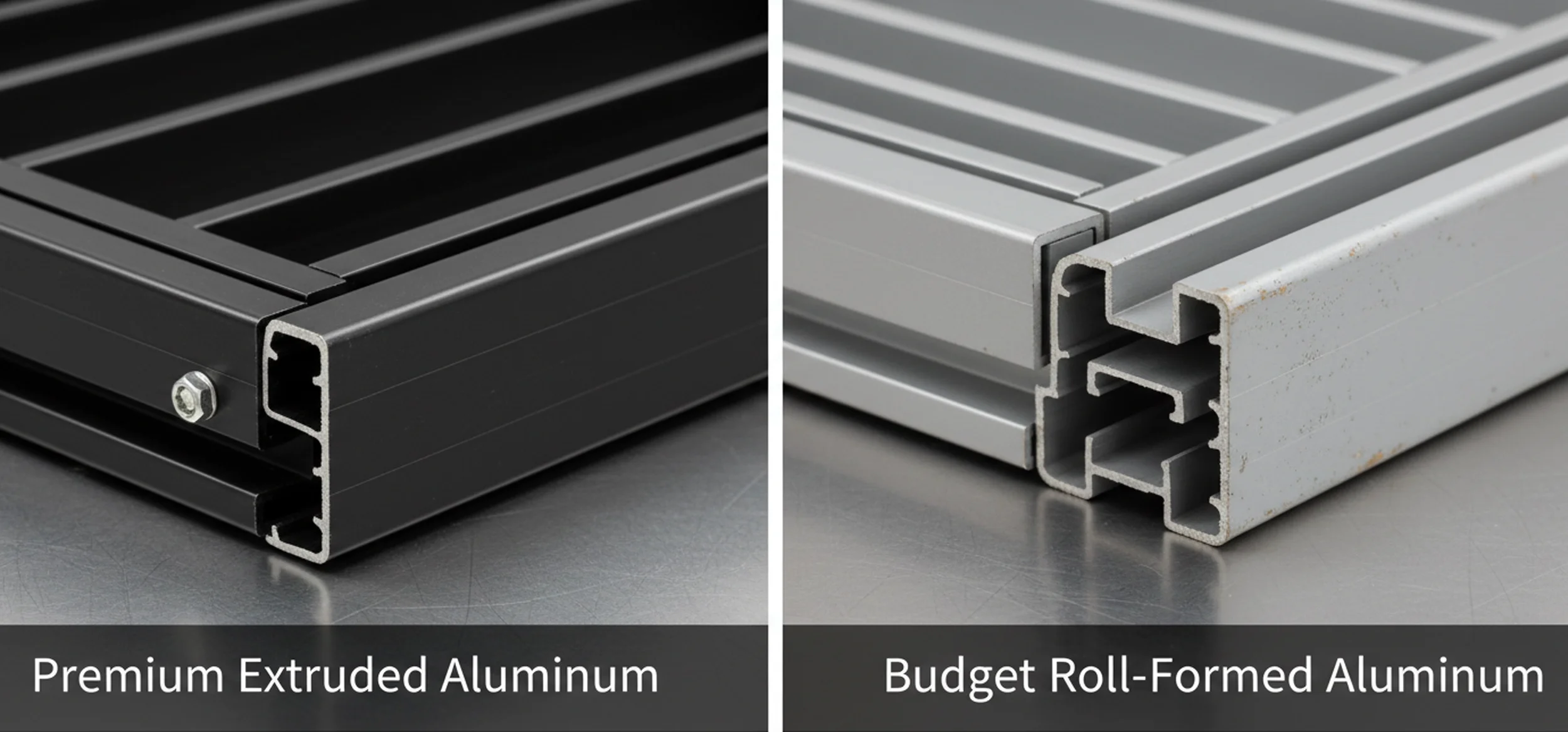 Side by side comparison of premium extruded aluminum vs budget roll-formed aluminum for louvered roof systems