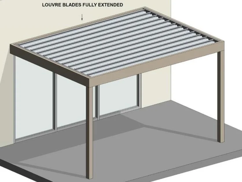 Illustration of a pergola with louver blades fully extended, attached to a building over a paved surface.