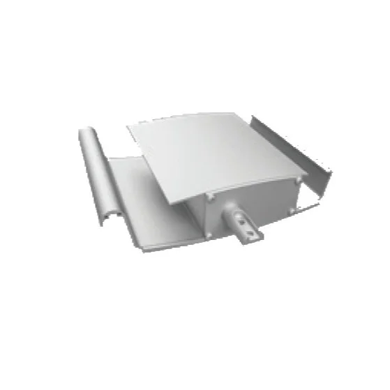 Gray metal electrical junction box with a cover and conduit fitting, viewed from an angle.