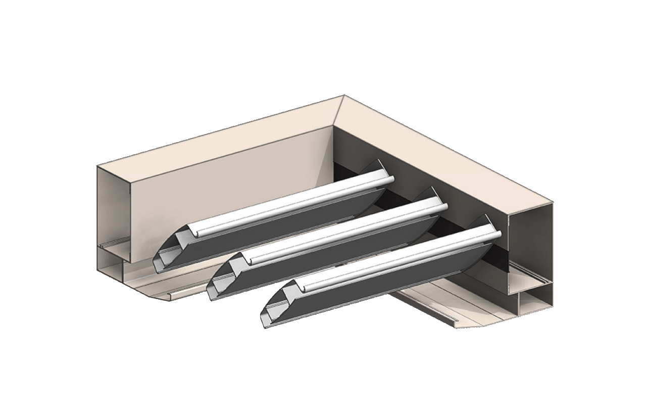 3D illustration of a corner HVAC duct with three internal air control dampers