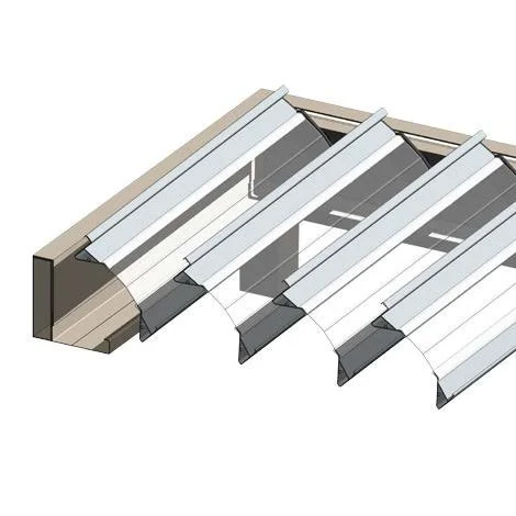 Illustration of a pergola with clear polycarbonate roofing panels attached to wooden beams.