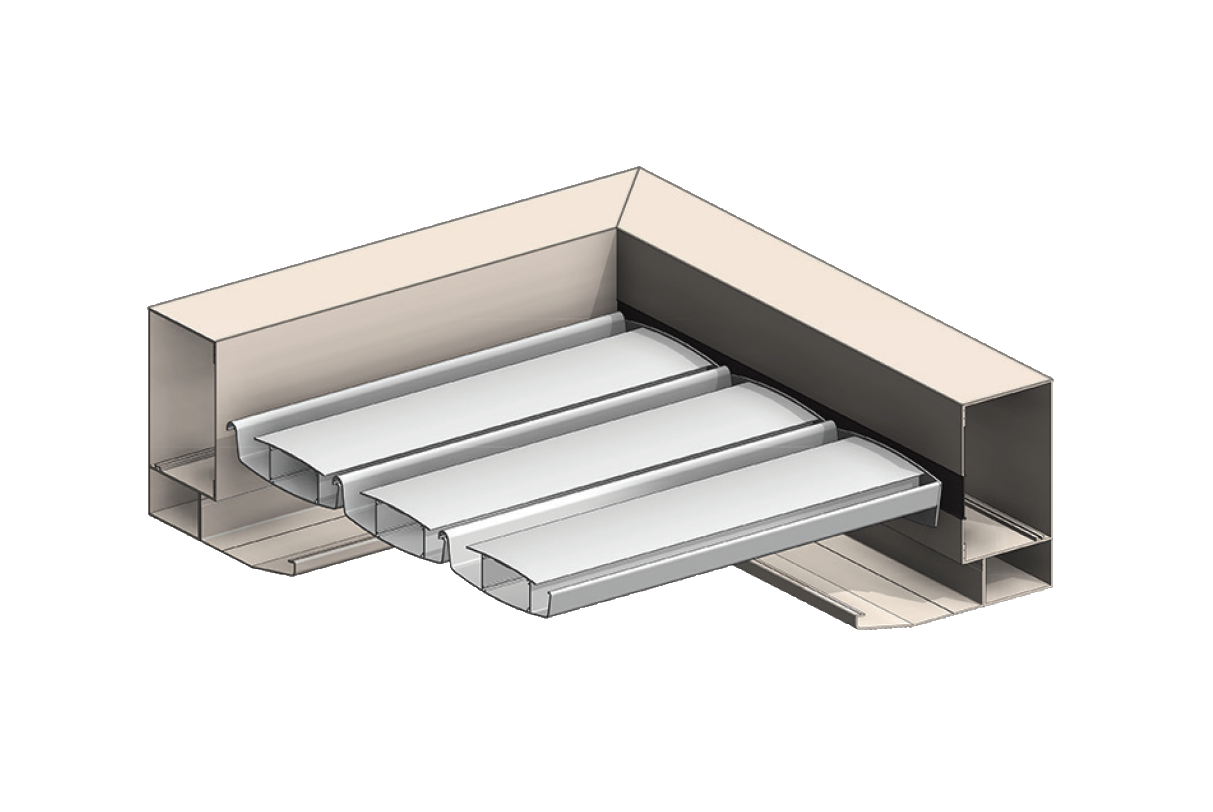 Illustration of a metal cable tray corner section with three horizontal trays and side panels.
