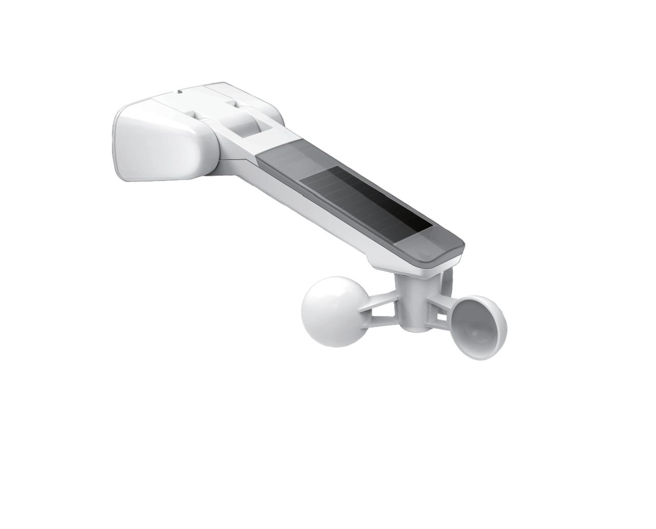 Solar-powered anemometer with white body and black solar panel