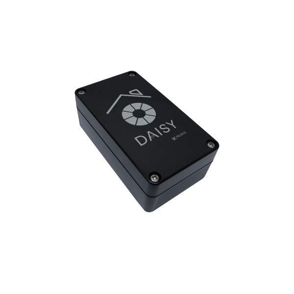 Black rectangular electronic device labeled 'DAISY' with a house and circular logo, featuring four screws at the corners.