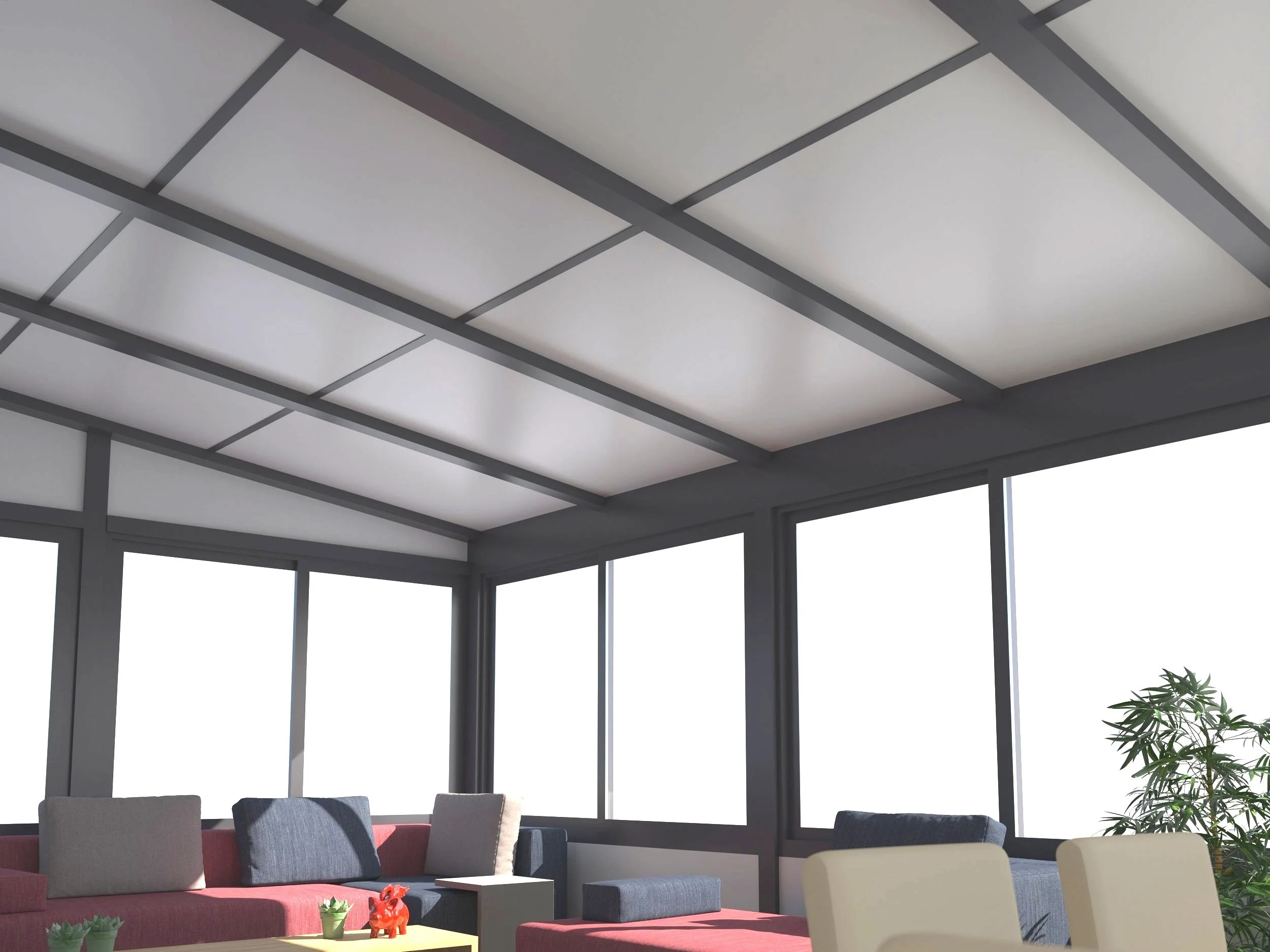 Modern indoor lounge area with large windows, modular sofas, and potted plants.