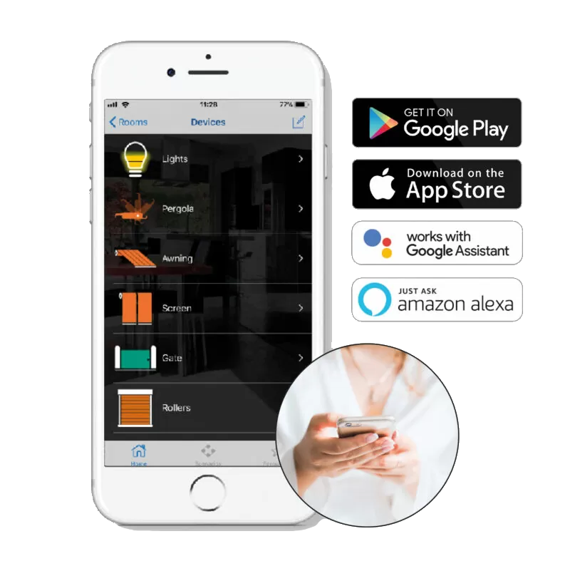 Smartphone displaying a smart home app interface with options like lights and awning. App store logos for Google Play and Apple Store, and compatibility icons for Google Assistant and Amazon Alexa are visible. A person using a phone is shown in a circular inset.