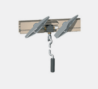 Illustration of a wall mount with a hook and pulley system designed for lifting or holding objects.
