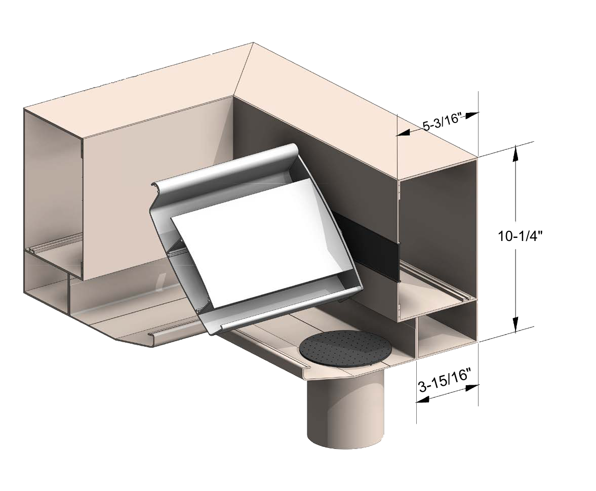 3D model of a mechanical ventilation system with a vent, duct, and a round outlet.