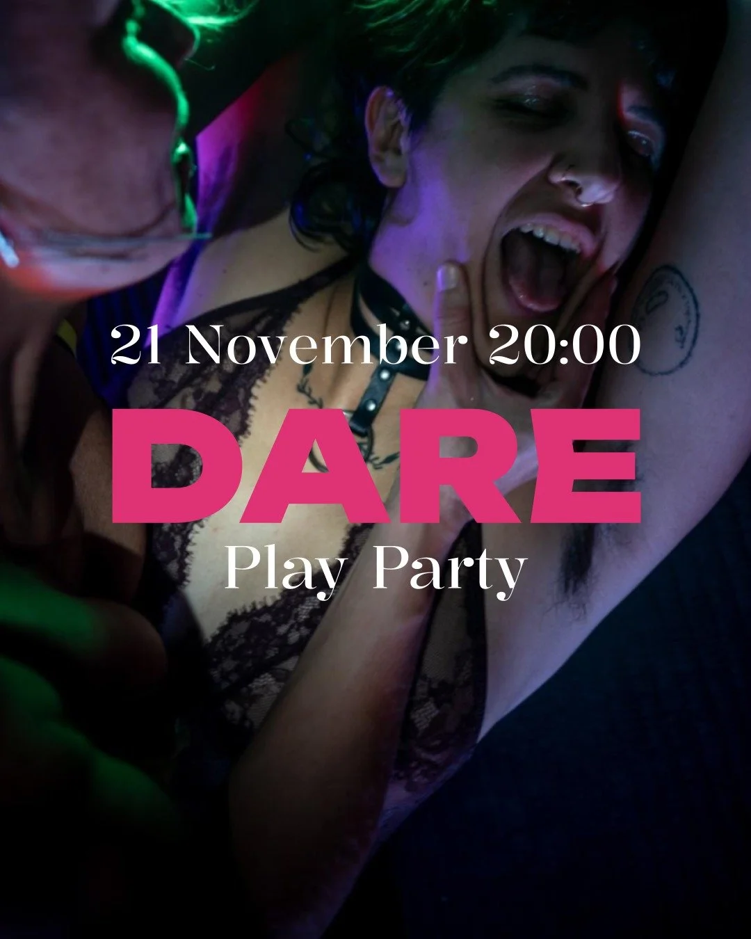 DARE – Play Party 🔥
After our last Wild Things party, it’s time to bring the DARE.
✨ Dresscode: Daring & Playful ✨
Think of what courage looks like on you – mesh, sequins, latex, lace, feathers, neon, leather, or something com