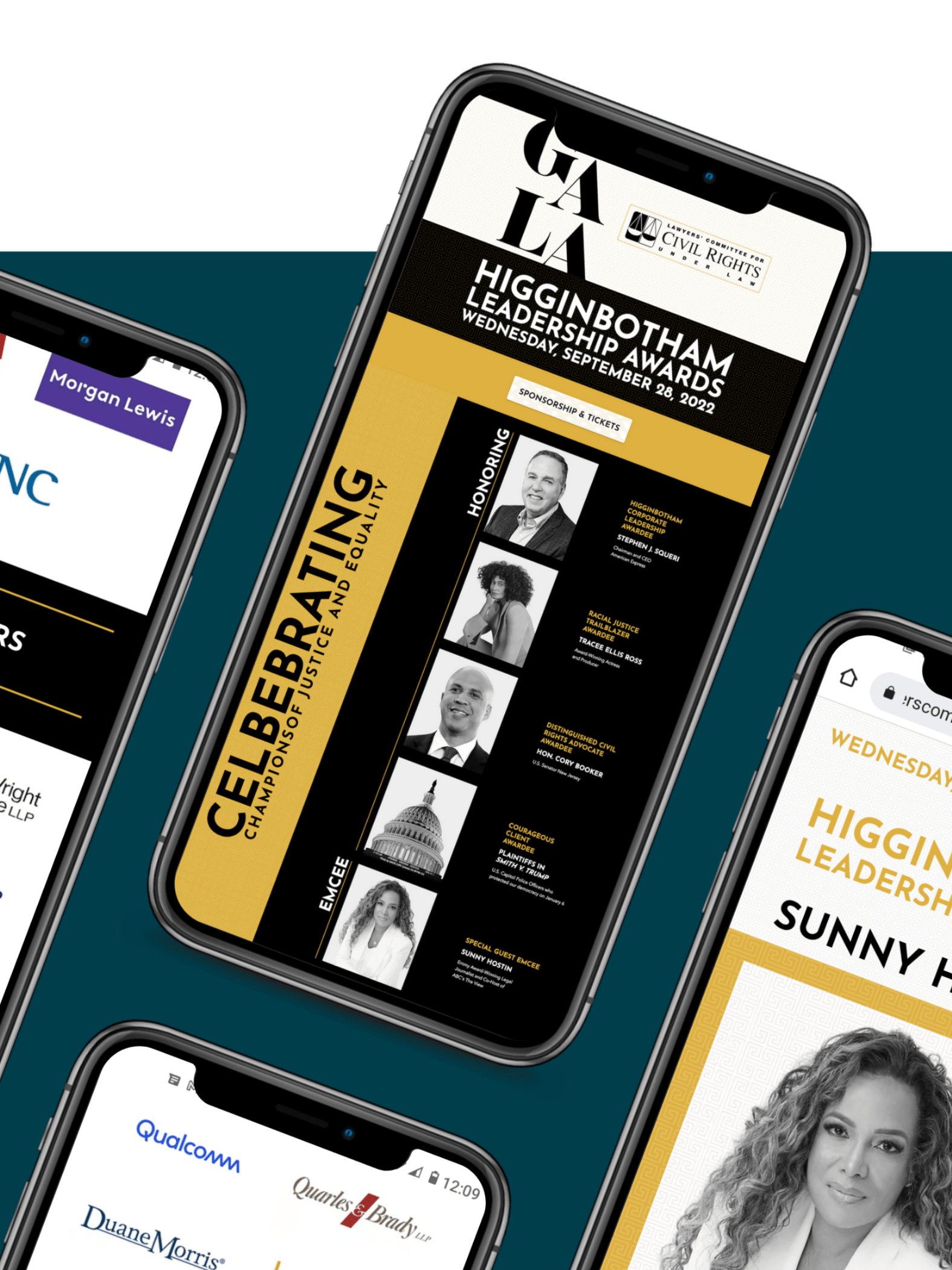 Mobile event website design for the Higginbotham Leadership Awards featuring bold typography and leadership-focused branding.