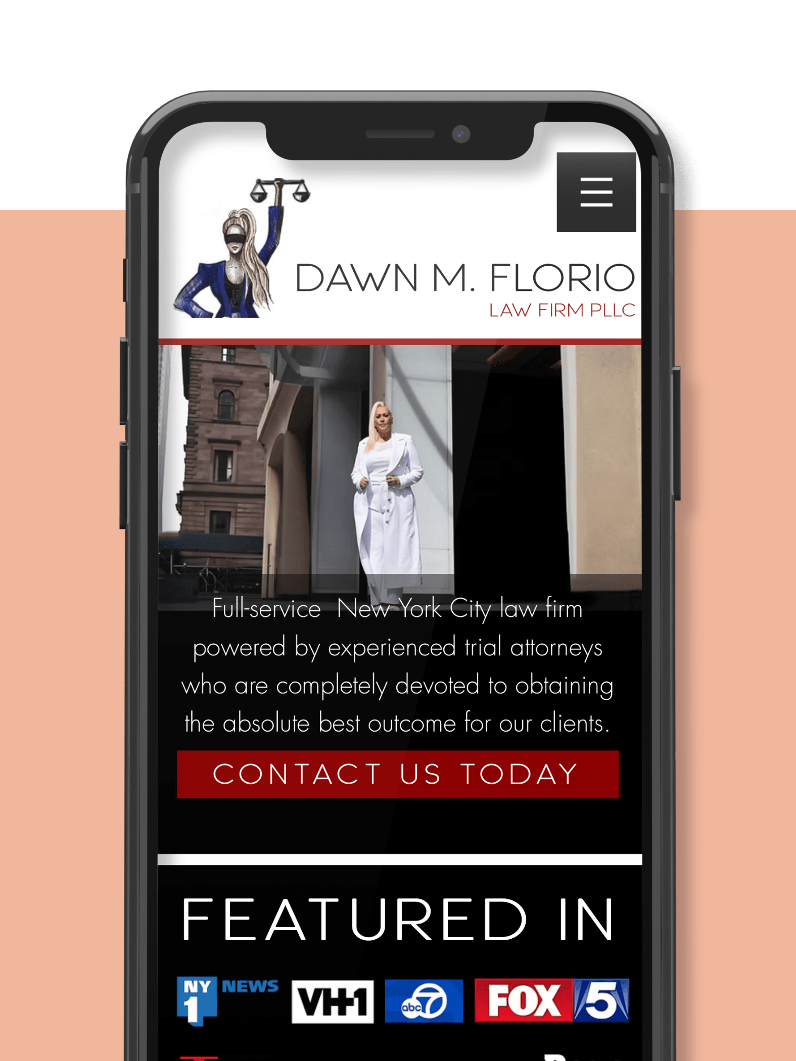 Mobile website design for Dawn M. Florio Law Firm highlighting a bold, professional legal brand with strong visual authority.
