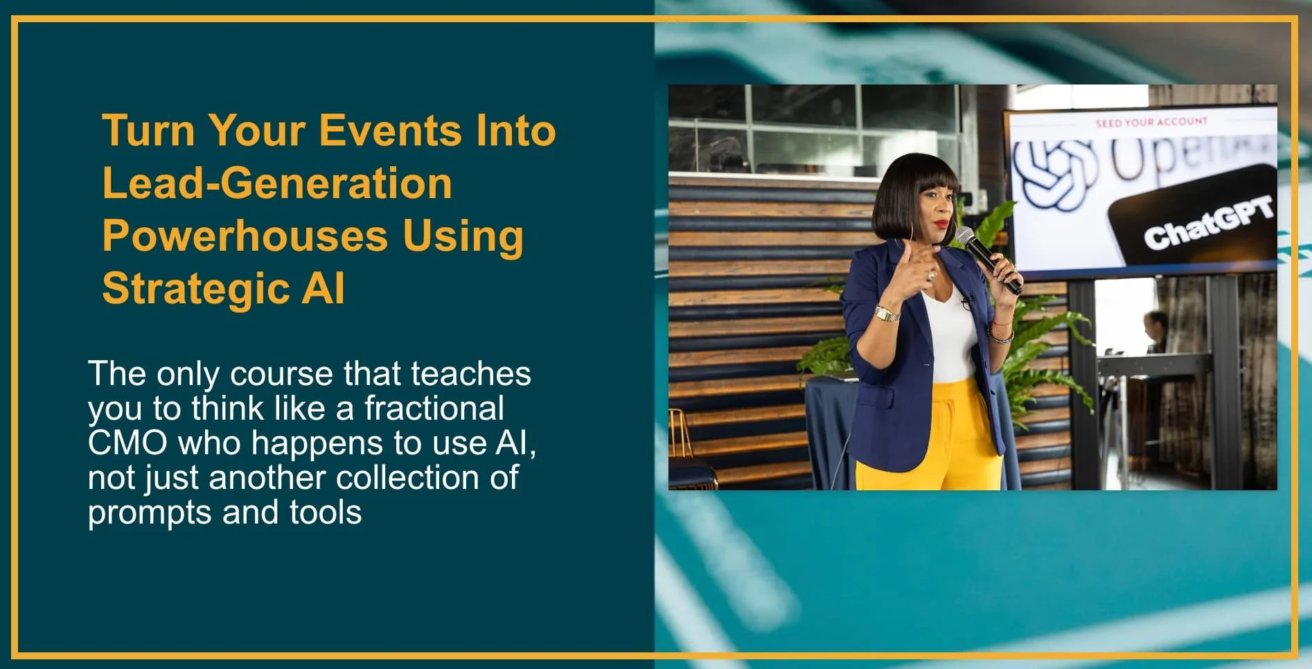 Elsi Pacheco speaking on stage at a live event presenting her AI Event Marketing Masterclass on turning events into lead generation strategies