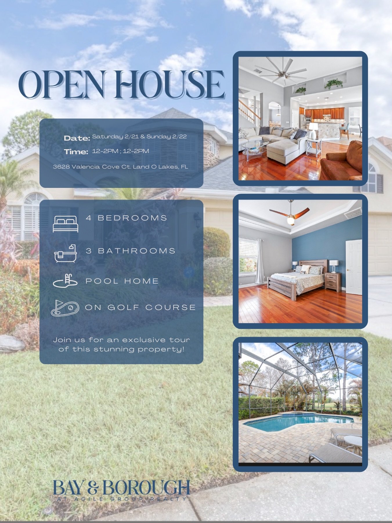 Open House | 3628 Valencia Cove Ct
Land O Lakes, FL 34639

4 bedrooms. 3 baths. Pool home. Located in a golf course community.

Join us this weekend to walk the layout, see the finishes, and experience the space firsthand.

Saturday 12&ndash;2 PM
Hos