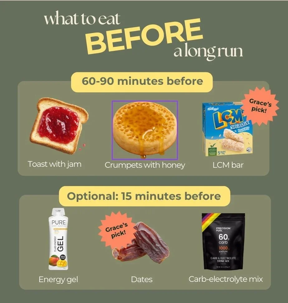 photos of all different fuel sources as examples of what to eat before a long run. written by a dietitian - honey crumpet, jam toast, LCM bar and running gels