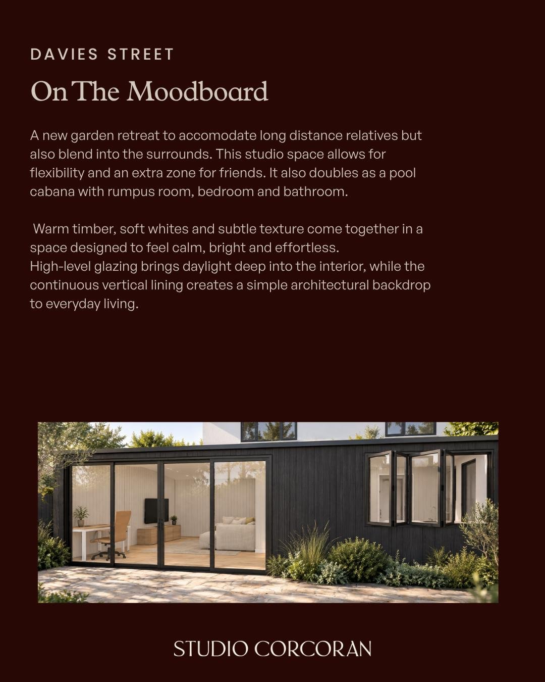 Garden Studio 
There&rsquo;s something about timber + white lining boards + natural light that just works.
For this space, we kept the palette intentionally simple and let the finishes, texture and changing light provide the interest.
Warm, relaxed a